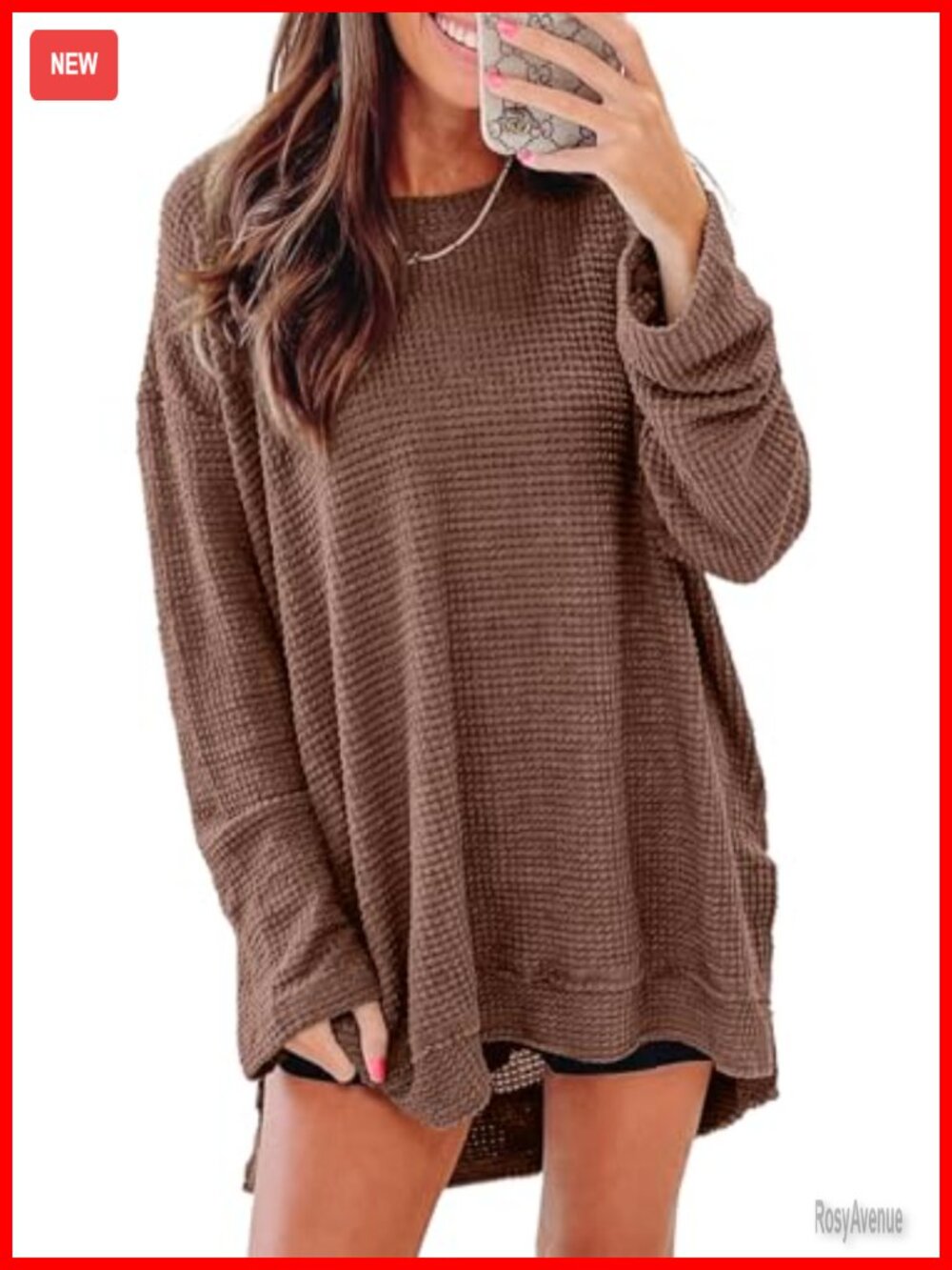 Waffle Knit Oversized Sweatshirt Long Sleeve Crewneck Tunic Top